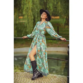 Dámské šaty Himalife Zavinovací šaty s dlouhým rukávem Paisley - zelená s oranžovou Velikost: S/M