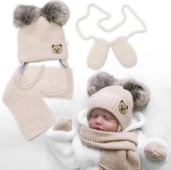 Čepice Baby Nellys Dětská sada, zimní čepice s šálou + rukavičky 3D, Teddy Bear - béžová