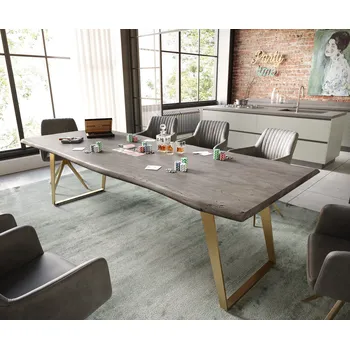 Jídelní stůl DELIFE Jídelní stůl Edge 260x100 akácie platinová nerezová ocel zlatá šikmá Live-Edge