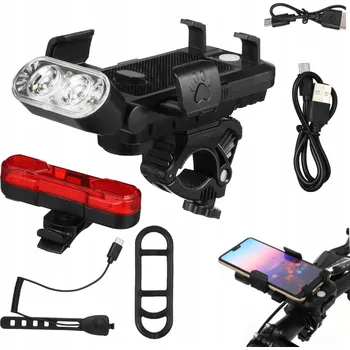 Cyklosvítilna SADA NOČNÍHO SVĚTLA NA KOLO S DRŽÁKEM NA TELEFON, REPRODUKTOREM 130 DB, POWER BANKOU 4000 MAH