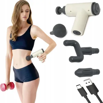 Masážní přístroj MASÁŽNÍ PISTOLE BÍLÁ MASSAGE GUN MASÁŽNÍ PŘÍSTROJ NA ZÁDA, TĚLO A CHODIDLA + 4 NÁSTAVCE