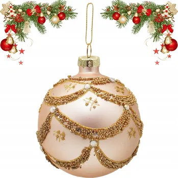 Vánoční dekorace VÁNOČNÍ KOULE SKLENĚNÁ OZDOBA ZÁVĚS NA STROMEČEK RŮŽOVÁ ZLATÉ VOLÁNKY 8cm