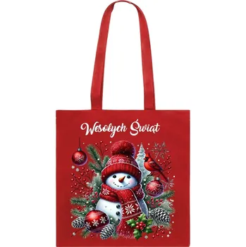 Obraz BAVLNĚNÁ TAŠKA červená s potiskem vánoční sněhulák