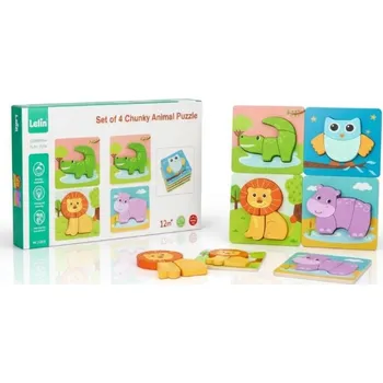 ostatní stavebnice SADA 4 DŘEVĚNÝCH SKLÁDAČEK ZVÍŘÁTKA STAVEBNICE PUZZLE 3D PRO DĚTI 1+