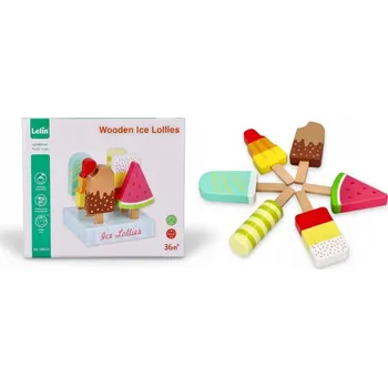 Dřevěná hračka DŘEVĚNÉ ZMRZLINY NA ŠPEJLI SADA 6 KUSŮ SE STOJANEM PŘÍSLUŠENSTVÍ HRAČKA 3+