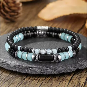 Náramek B-TOP Sada dvou pánských náramků z černých a světle modrých kamenných korálků