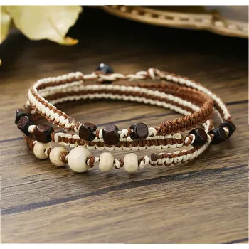 Náramek B-TOP Pánský tkaný náramek v přírodních tónech s dřevěnými perlami