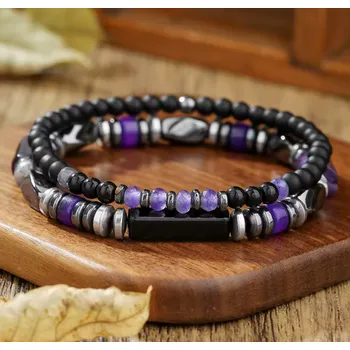 Náramek B-TOP Sada dvou pánských náramků s fialovými kamennými korálky a hematitem