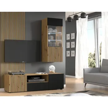 Obývací stěna Nábytková Stěna AURIS A RTV skříňka frézovaná vitrína dub artisan / černá matná