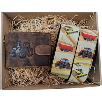Dárkový set pro muže - Kožená peněženka a kšandy traktor