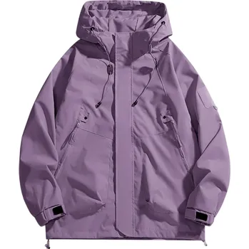Unisex nepromokavá bunda s kapucí na zip s kapsami odolný polyester vhodná do deště i větru stylová lehká větrovka fialová XS
