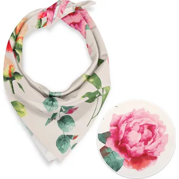 Bavlněný šátek Sandra SA-715 Velké růžovočervené pivoňky na smetanovém 90 x 90 cm