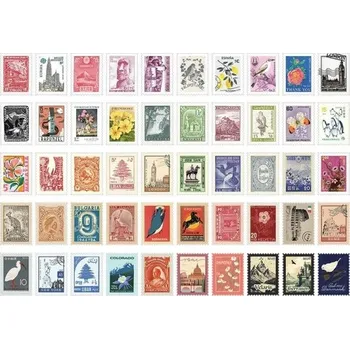 Sada 50 ks samolepek ve tvaru známek s historickými motivy 30x40 mm pro dekorace a kreativní projekty