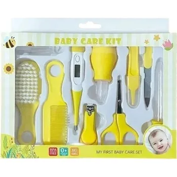Dětský zásyp 10dílná sada péče o novorozence Plast a nerezová ocel Cestovní hygienická souprava pro miminko Praktická sada na cesty i domácí použití žlutá