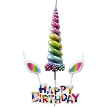 Dortová svíčka Dortisimo Svíčka Happy Birthday s jednorožčím rohem a ušima