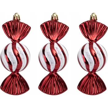 Vánoční ozdoba Sada 3 plastových baněk Cukroví červeno-bílé 9024