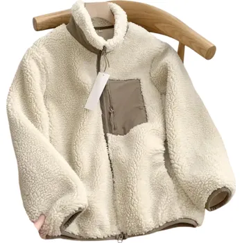 Pánská zimní bunda Unisex plyšová teplá bunda s rolákem Zapínání na zip Kapsy Zapínací kapsa na hrudi Polyesterové hřejivé zimní provedení krémová M