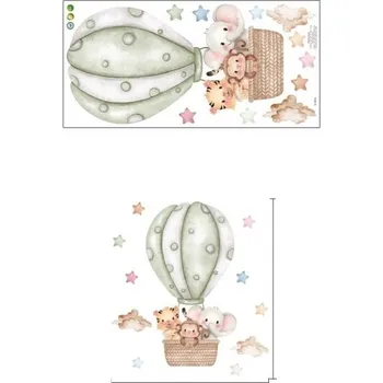 Samolepící dekorace Samolepka na zeď do dětského pokoje 67,2 x 60,08 cm Tygr opice a slon v zeleném balónu nástěnná dekorace z průsvitného matného vinylu