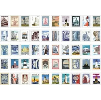 Sada 50 ks samolepek ve tvaru známek s motivy majáků 30x40 mm pro dekorace a kreativní projekty