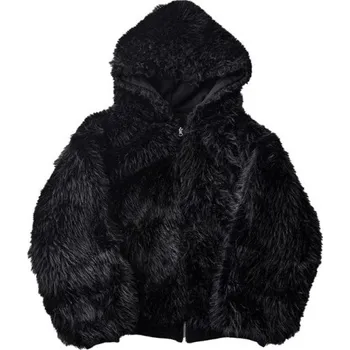 Pánský zimní kožich Černá umělá kožešina Větruodolné provedení Zapínání na zip Odolný polyester Teplý zimní kabát pro chladné období M