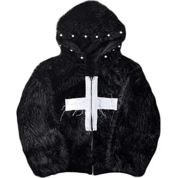Pánský zimní kožich Černá umělá kožešina Větruodolné provedení S kapucí Zapínání na zip Polyesterový kabát s křížem na hrudi Teplý zimní kožich S