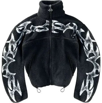 Pánská zimní bunda Černá plyšová bavlněná bunda s rolákem Zapínání na zip Kapsy Bílý motiv na rukou a hrudi Teplá zimní bunda XL