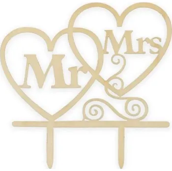 Jedlá dekorace na dort Dortisimo Zápich do dortu dřevěný Mr & Mrs v srdíčkách