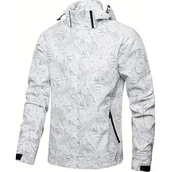 Pánská ležérní nepromokavá bunda s kapucí na zip s kapsami motiv listů polyester bílá L
