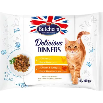 Krmivo pro kočku 32x-32x100g Butcher's Delicious Dinners Mix pro kočky: kuřecí, kuřecí a krocaní vlhké krmivo