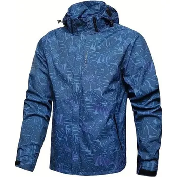Pánská bunda Pánská ležérní nepromokavá bunda s kapucí na zip s kapsami motiv listů polyester modrá XL