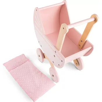 Kočárek pro panenku Růžový dřevěný kočárek pro panenky s peřinkou