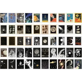 Sada 50 ks samolepek ve tvaru poštovních známek, vesmírné motivy 30 x 40 mm, motivy planet, Měsíce, hvězd