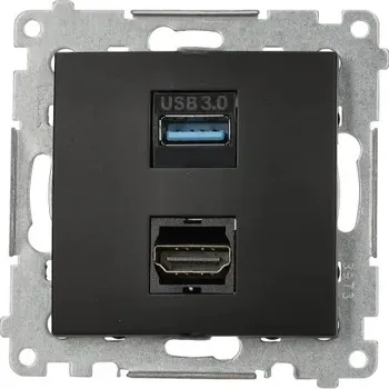 Elektrická zásuvka Zásuvka HDMI + zásuvka datová USB typ A, Simon 54 DGHDUSB3.01/49, černá metalizovaná