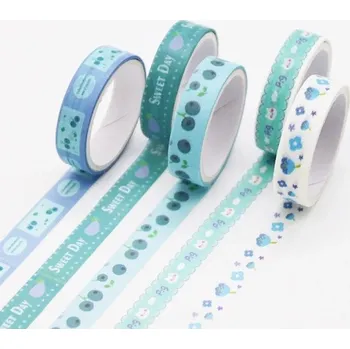 Balící papír Sada 5 ks pásky s motivem modrých květů a ovoce 2 m pro zdobení deníků, plánovačů, pozvánek a dalších kreativních projektů