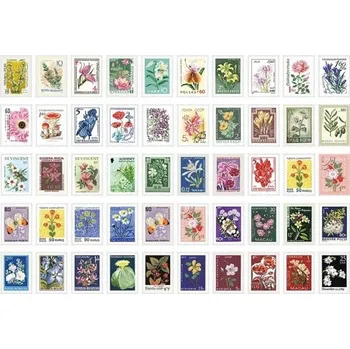 Sada 50 ks samolepek ve tvaru známek s květinovými motivy 30x40 mm pro dekorace a kreativní projekty