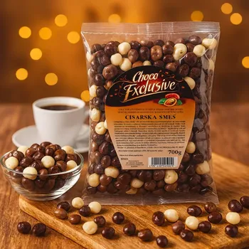 Čokoládová tyčinka CÍSAŘSKÁ SMĚS 500 g – luxusní ovocná směs v čokoládě (Směs proslazených ananasových kostek (26%) v polevě s jogurtovou příchutí (13%) a mléčné čokoládě (11%), meruněk (10%) v hořké čokoládě (15%) a rozinek (12%) v polevě s karamelovou příchutí (13%).)