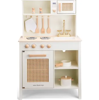 Dětská kuchyňka Woet Dřevěná kuchyňka - bílá s ratanovými detaily