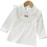 Dívčí krajková košile s límečkem a dlouhým rukávem Bílá elegantní halenka z bavlny a polyesteru Výstřih do O Zapínání na knoflík za krkem 11