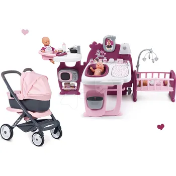 Kočárek pro panenku Set domeček pro panenku Violette Baby Nurse Large Doll's Play Center Smoby a kočárek trojkombinace Powder Pink 3in1 Maxi Cosi&Quinny
