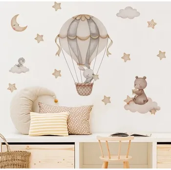 Samolepící dekorace Samolepka na zeď do dětského pokoje 73,3 x 41,3 cm Medvěd a králík v balónu nástěnná dekorace z průsvitného vinylu snadná aplikace