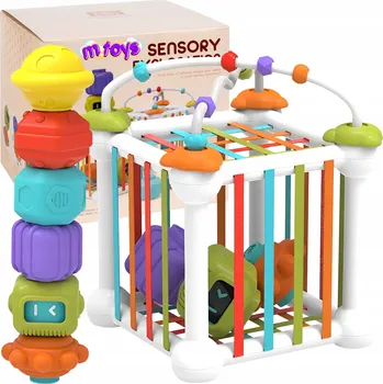 Hračka pro nejmenší SENZORICKÁ KOSTKA S TŘÍDIČKOU TVARŮ, GUMOVÉ STAVEBNICE, ELASTICKÉ STĚNY A OBLOUK