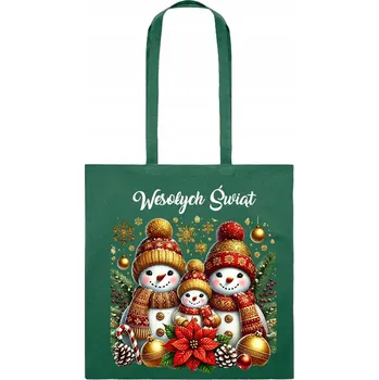 Obraz BAVLNĚNÁ TAŠKA zelená s potiskem vánoční sněhuláci