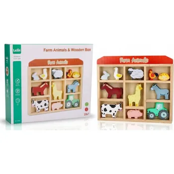 Dřevěná hračka DŘEVĚNÁ SADA ZVÍŘÁTKA FARMA V VZDĚLÁVACÍM BOXU HRAČKA 18M+
