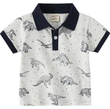 Chlapecká košile Dětská chlapecká polokošile s límečkem a motivem dinosaurů Krátký rukáv Šedé bavlněné tričko s knoflíky do poloviny Stylové dětské oblečení 2