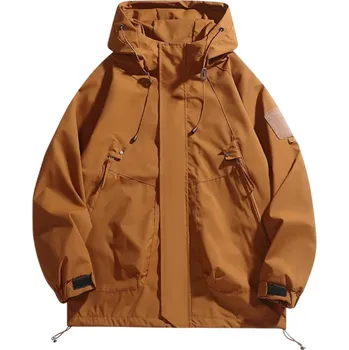 Unisex nepromokavá bunda s kapucí na zip s kapsami odolný polyester vhodná do deště i větru stylová lehká větrovka hnědá XXS