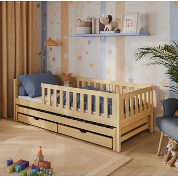 Dětská postel Dětská postel z masivu borovice CALI s přistýlkou a šuplíky - 200x90 cm - PŘÍRODNÍ BOROVICE