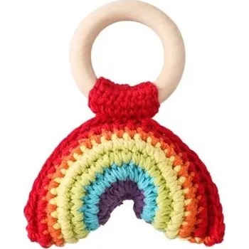 Háčkované chrastítko 11,5 x 9,1 cm Dřevěný kruhový úchop Háčkovaná duha z bavlny Ruční výroba Bezpečné chrastítko pro miminka Jemná stimulace