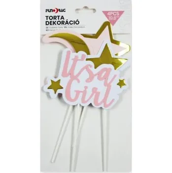 Jedlá dekorace na dort Dortisimo Zápich do dortu růžový It's a Girl s měsícem a hvězdami (4 ks)