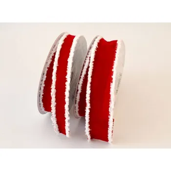 Stuha Vánoční stuha s kožešinkou - ČERVENO-BÍLÁ - š. 2,5 cm, délka 9,14 m
