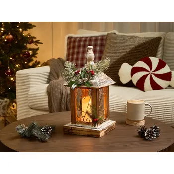 Vánoční dekorace LED lucerna tmavě hnědé jedlové dřevo vánoční dekorace ručně vyrobená tradiční Beliani